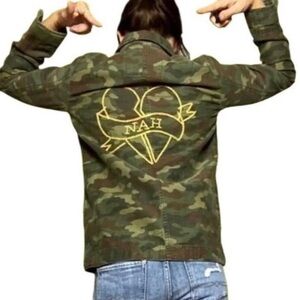 American Eagle Outfitters “Nah” Broken Heart Embroidered Camo Utility Jacket